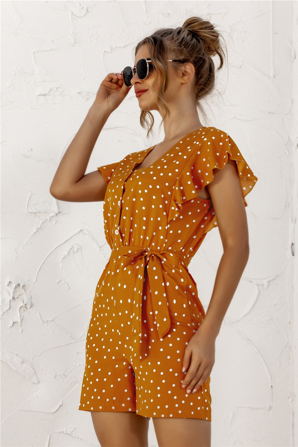 Dotty Vibes Ruffled Polka Dot Half Button Romper