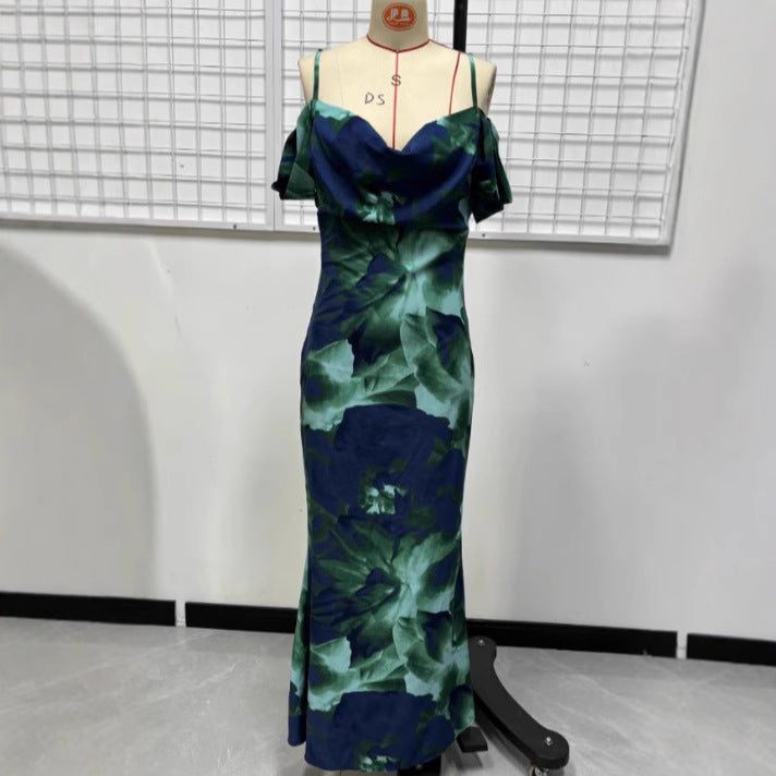 Green Garden Art Style Backless Sling Dress