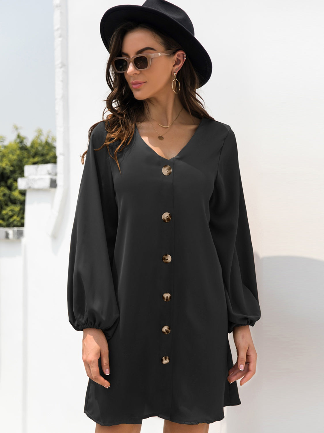 New Autumn Mini Buttoned Dress with V-Neck & Long Sleeves