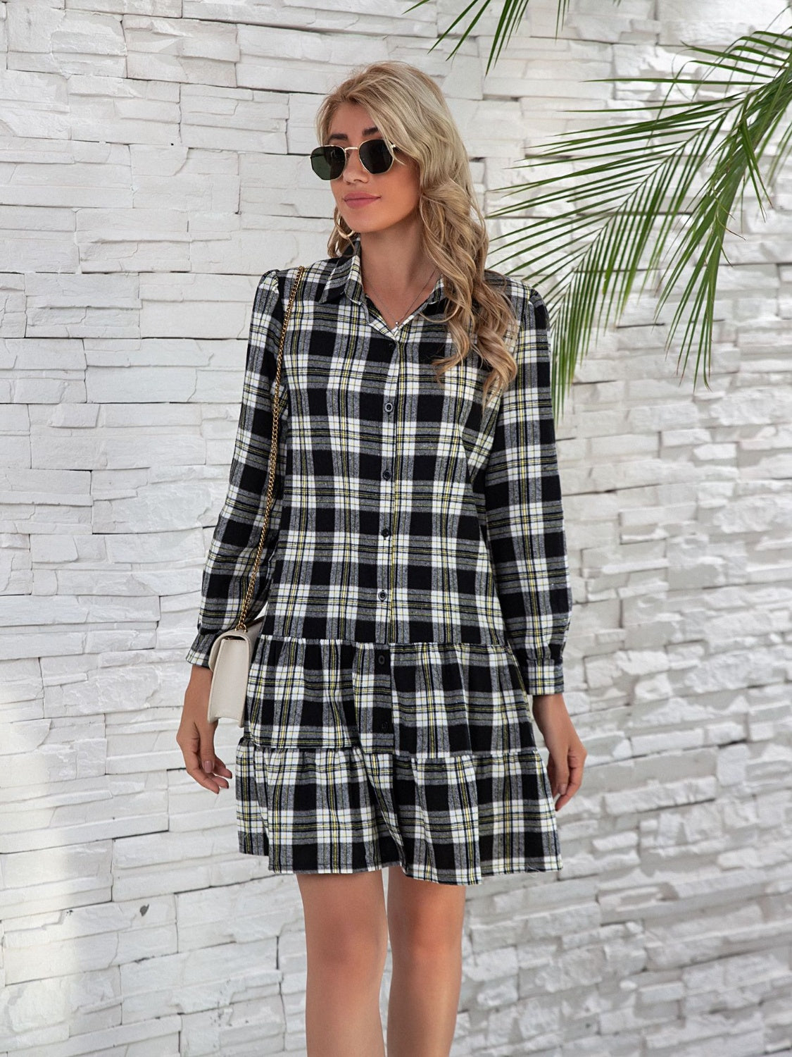 Shirt Style Checkered Plaid Button Down Ruffle Hem Dress with Long Sleeve