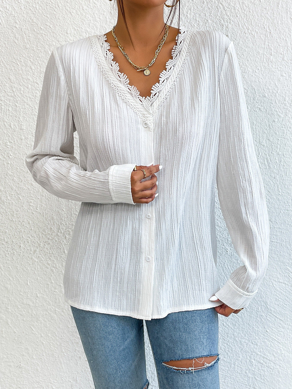 Modern Button-Up Lace Trimmed Shirt