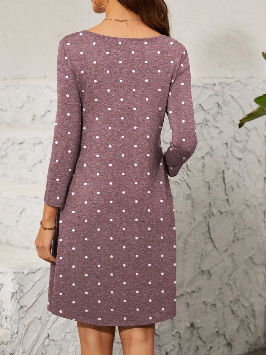 Mauve Polka Dot Quarter Zip Dress with Long Sleeves
