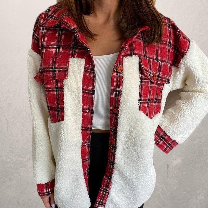 Snow White Fleece Jacket with Decorative Patchwork Plaid Design
