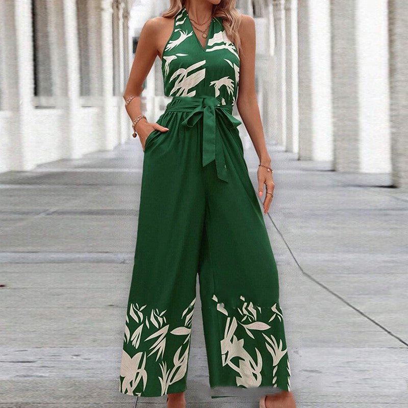 Forest Printing Belt Halter Backless Jumpsuit