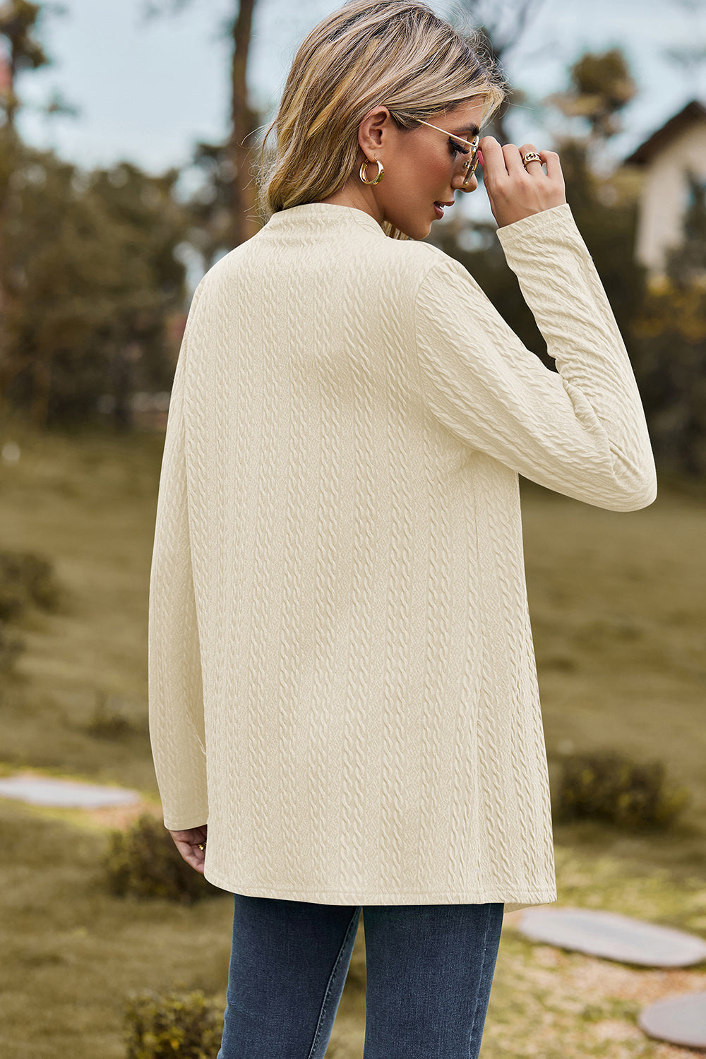 Classic Design Textured Open Front Long Sleeve Cardigan