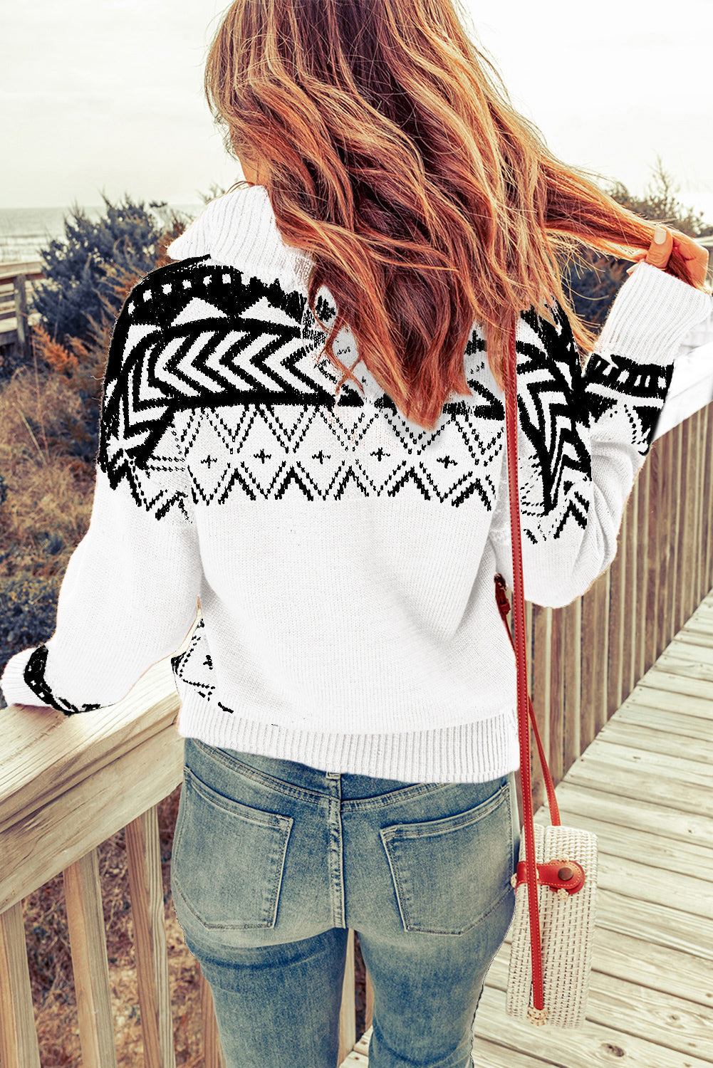 Border Art Design Zip-Up Mock Neck Dropped Shoulder Pullover Sweater
