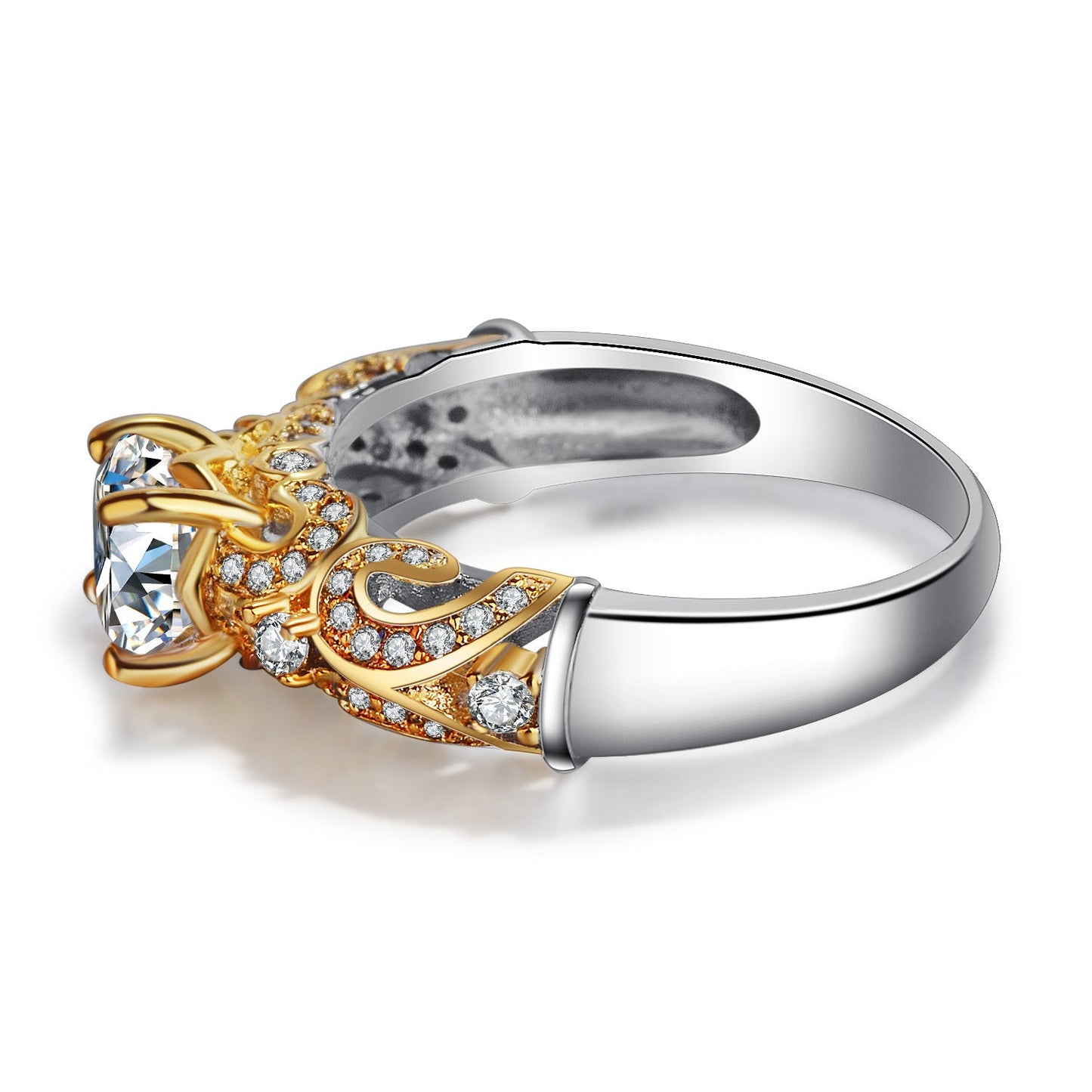 Ornate Silver/Gold Ornate CZ Diamond Ring Surrounded by Sparkling Gems.
