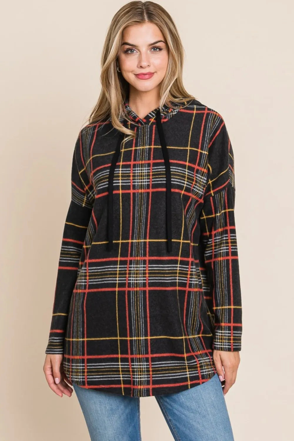 Classic Plaid Patter Drawstring Long Sleeve Hoodie