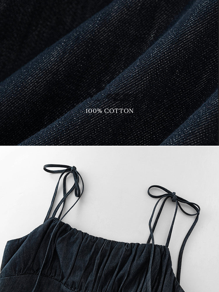 Simply Elegant Style Denim Strap Dress With Slit Hem