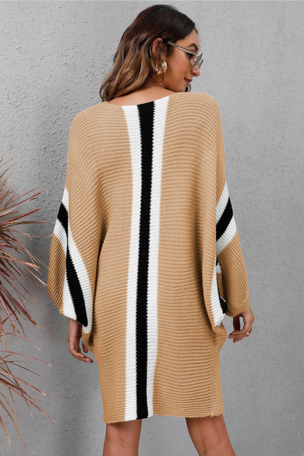 Chic Ribbed Sweater Dress with Round Neck & Long Dolman Sleeves