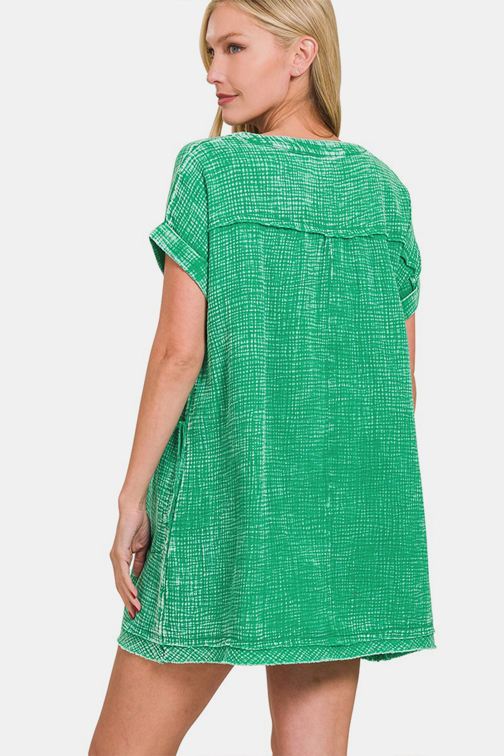 Vibrant Green Washed Notched Short Sleeve Mini Dress