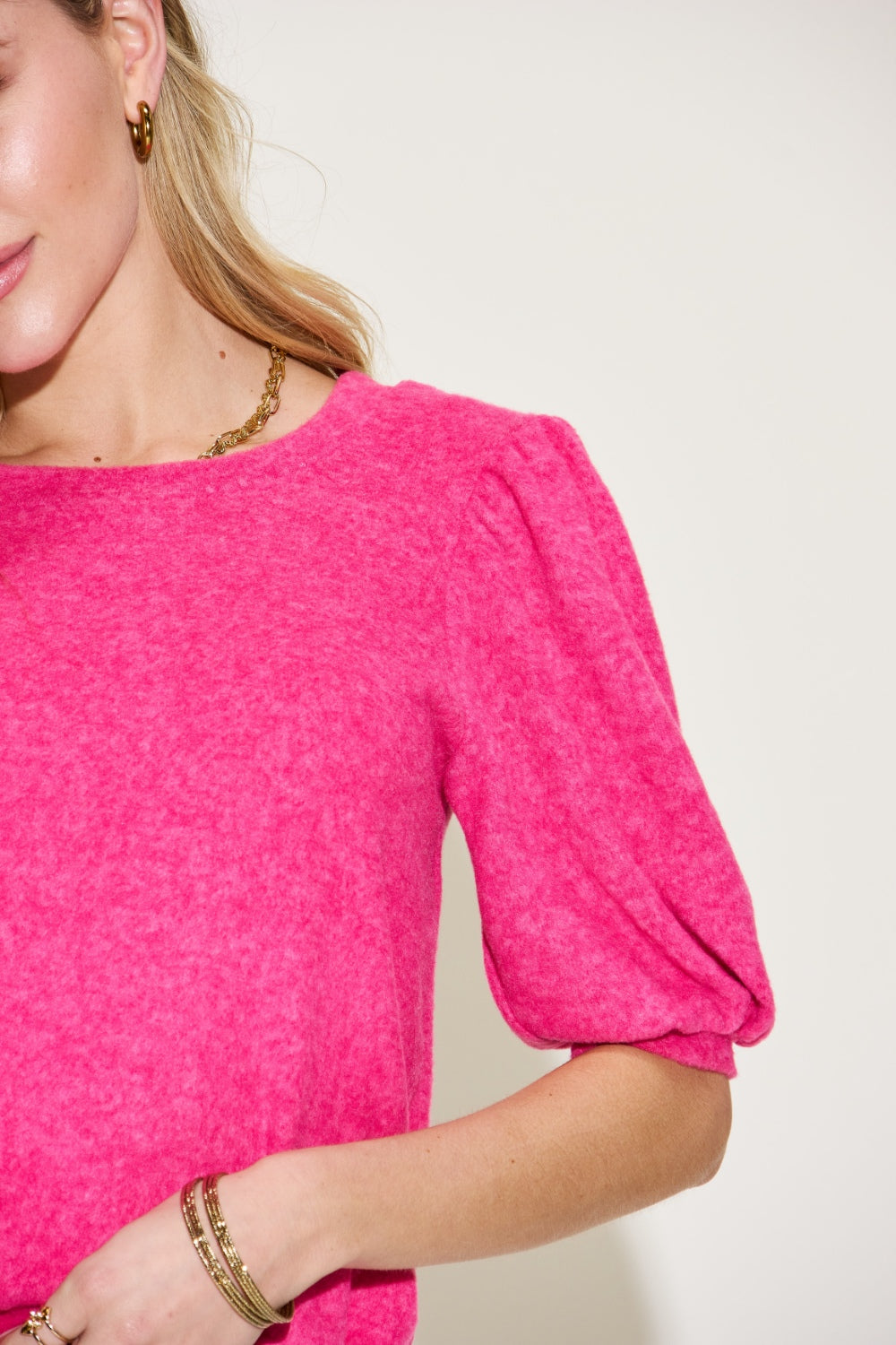 Hot Pink Sweater with Round Neck & Lantern Half Sleeve
