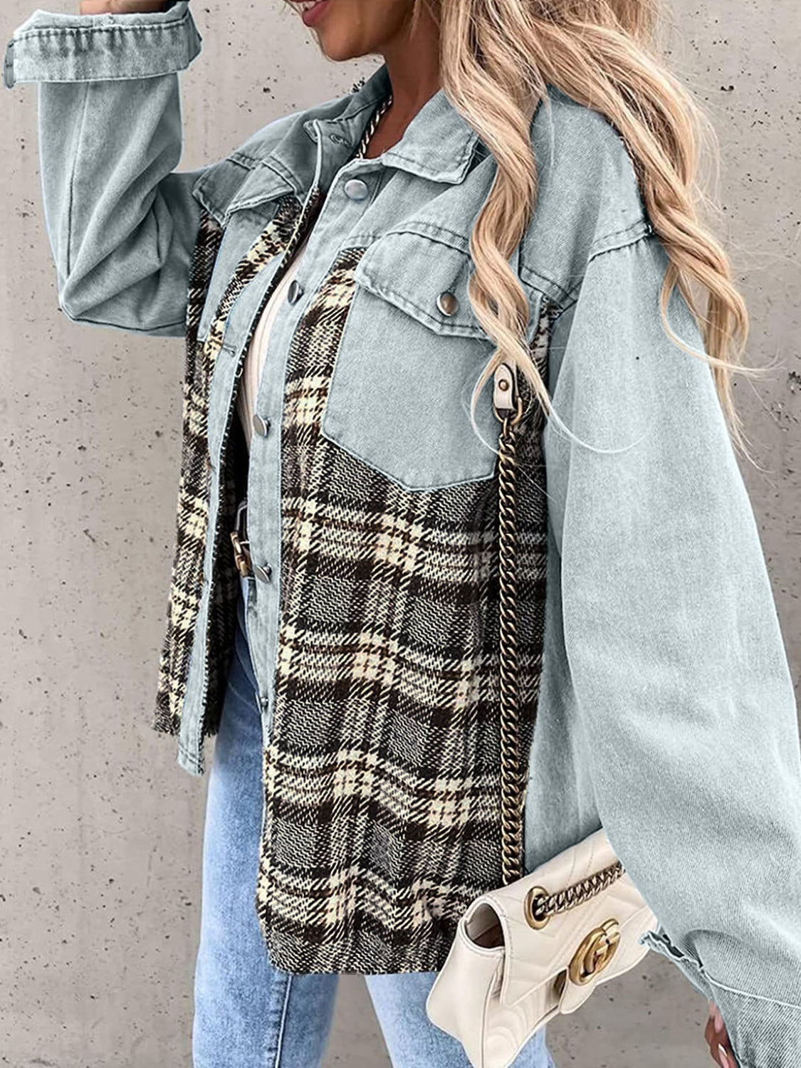 Black White Plaid Button Up Dropped Shoulder Denim Jacket