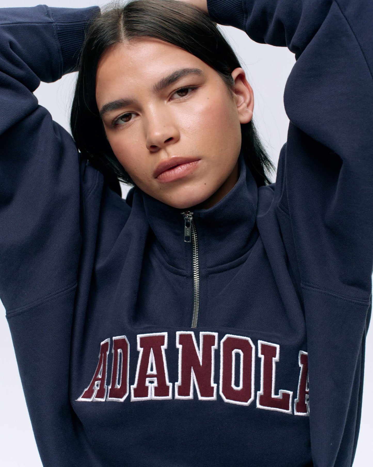 Varsity Relaxed Funnel Neck Zip Sweatshirt - Navy Blue/Burgundy