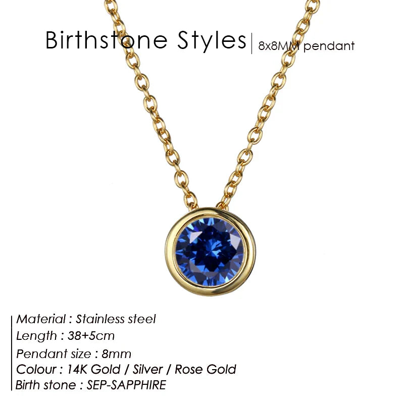Classic Round Birthstone Necklace in Silver, Gold, Rose Gold.