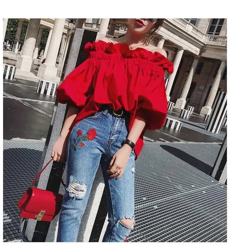 Red Chiffon Ruffles Off-Shoulder Blouse Top with Puffy Sleeves