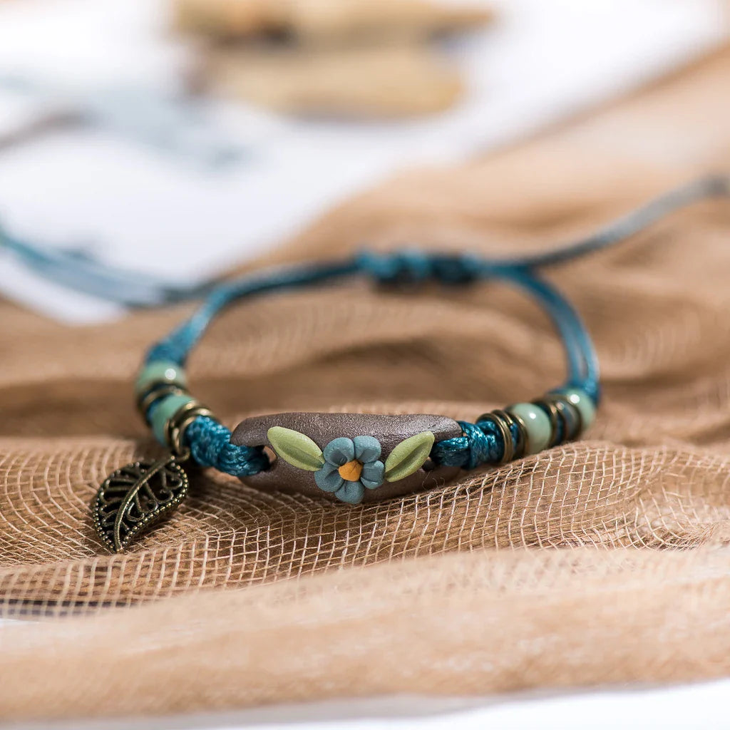 Traditional Boondoggle Boho Bracelets w/ Glaze Ceramic Beads.