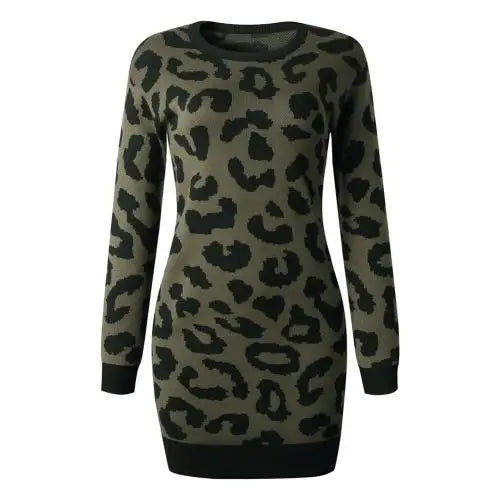 Leopard Print Knit Pullover Sweater Dress with Long Sleeve
