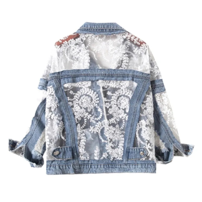 Blue Denim Lace Patchwork Loose Jacket