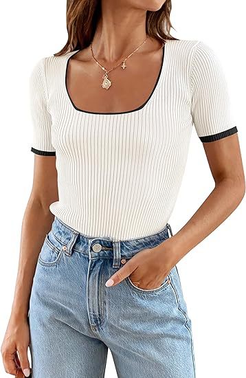 Square Collar Basic Short Sleeve T-shirt Casual All-matching Tops