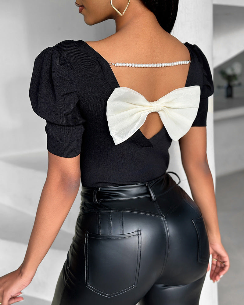 Classic Black Top with White Fashion Bowknot Design