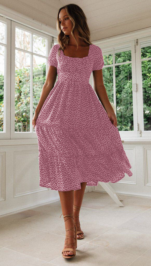 Square Collar Short Sleeve Summer Floral Dress