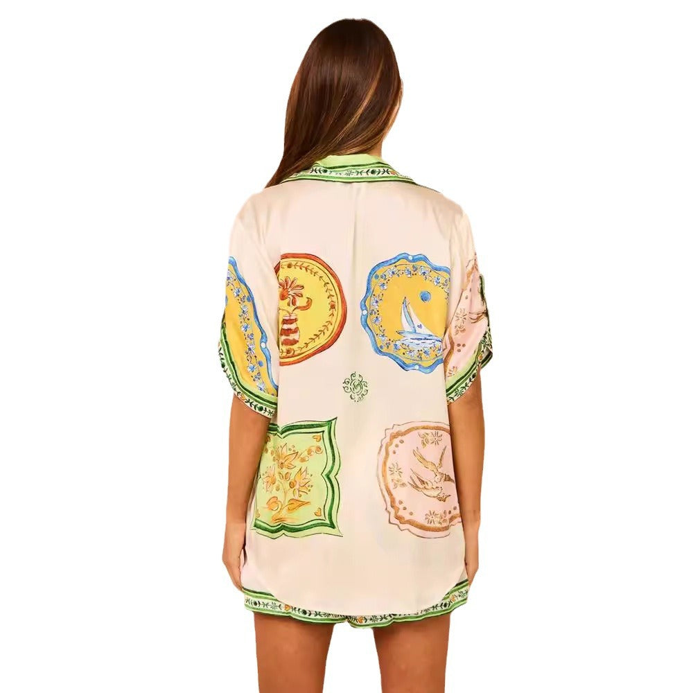 Fashion Printed Loose Satin Suit Top & Shorts Set