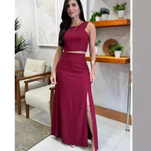 2- Piece Suit with Round Neck Sleeveless Top & High Waist Slit Skirt