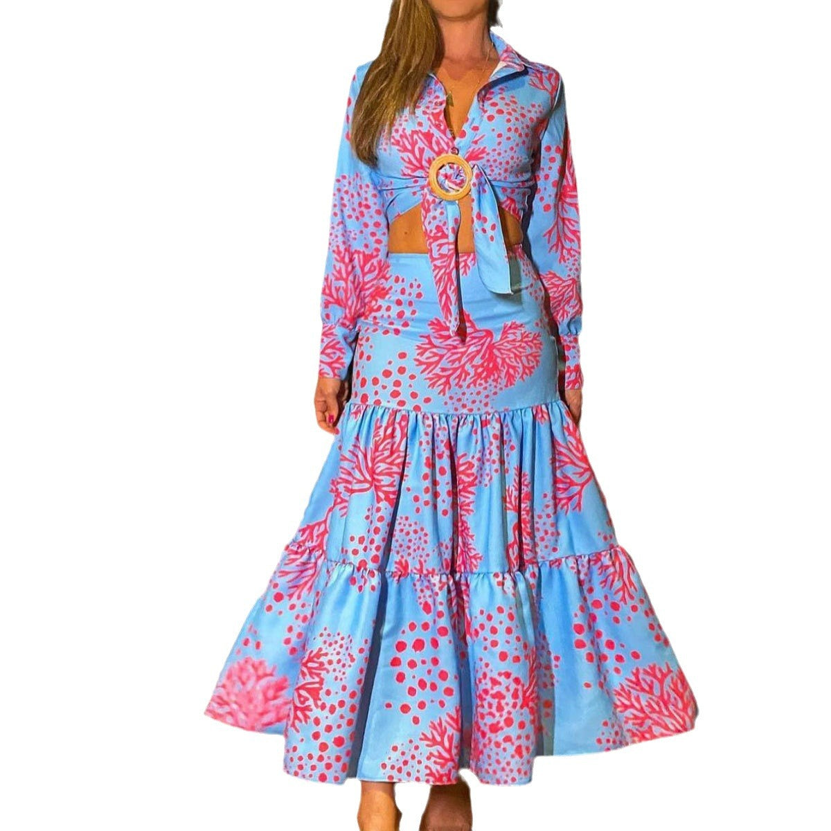 Blue Pink Coral Two-piece Set with V-neck Short Top & Long Ruffle Skirt