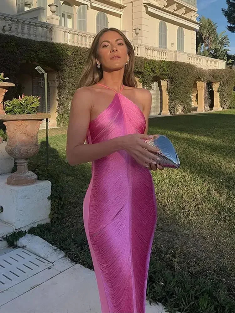 Tassel Back Slit Halter Off Shoulder Long Dress