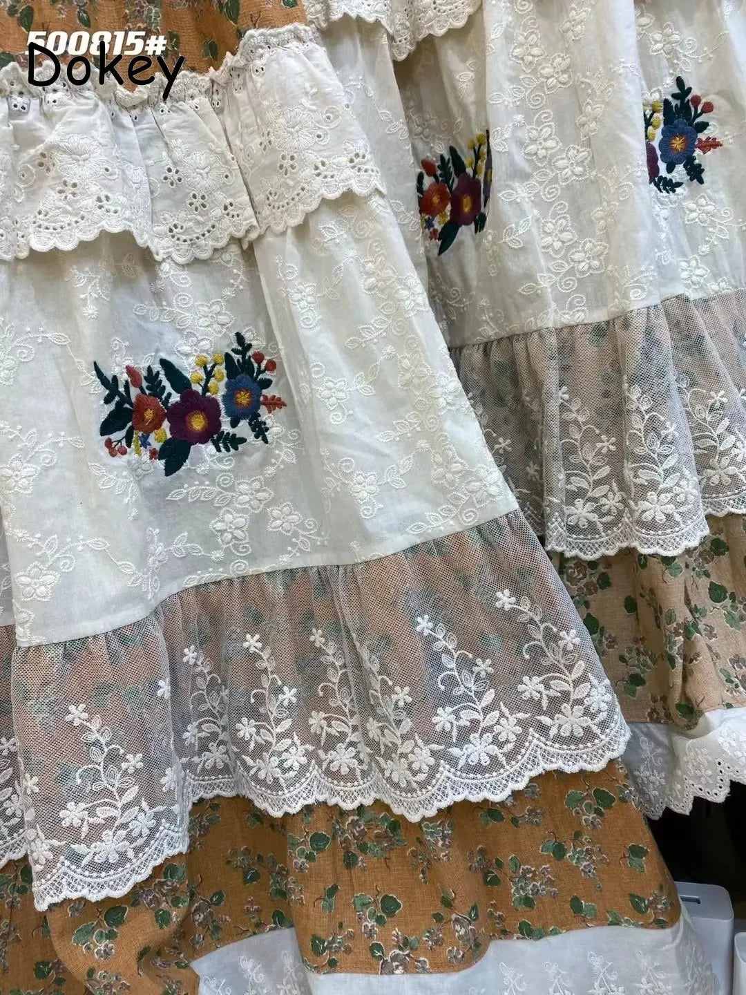 Boho Floral Pleated Ruffled Lace Embroidery Skirts