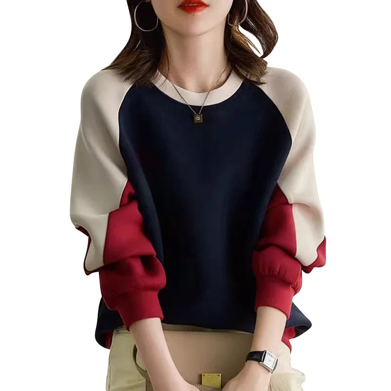 Very Stylish O-Neck Contrast Patchwork Color Sweatshirts Blouse with Long Sleeves