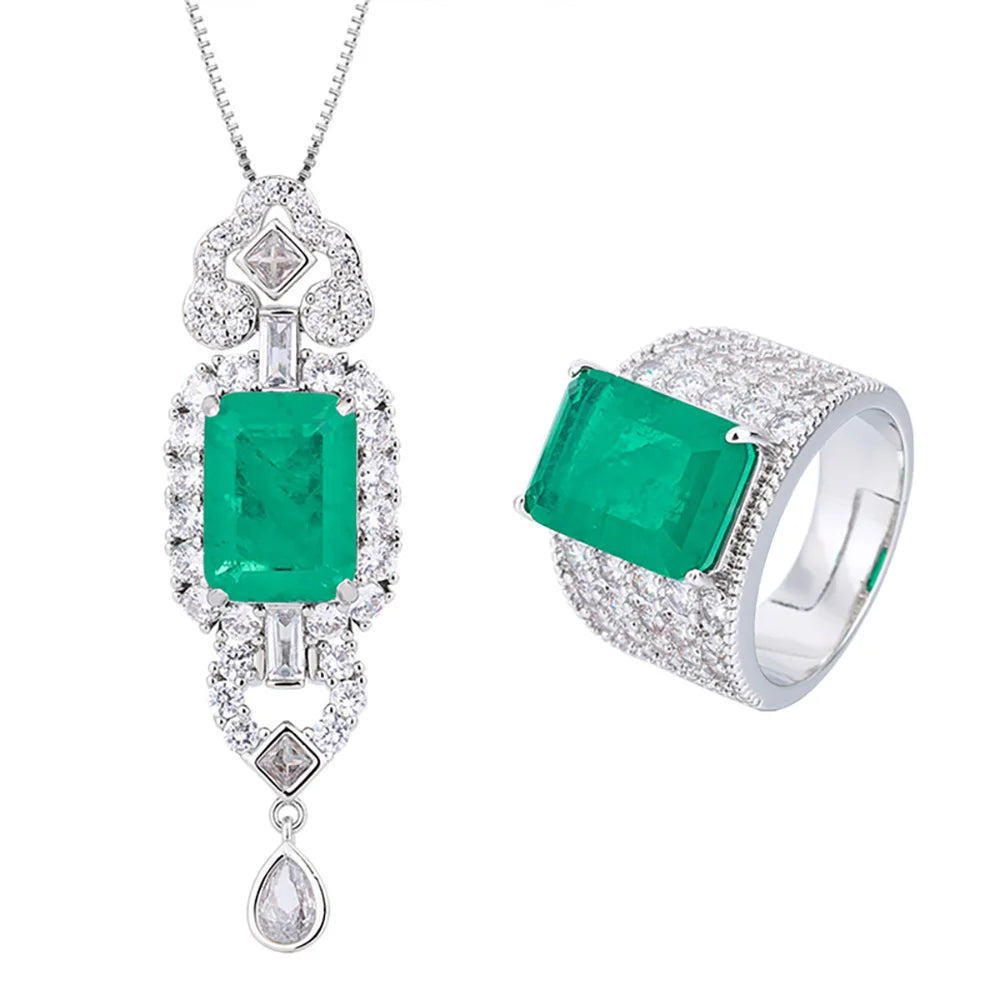 Vintage Emerald Gemstone Pendant Necklace & Ring Jewelry Set