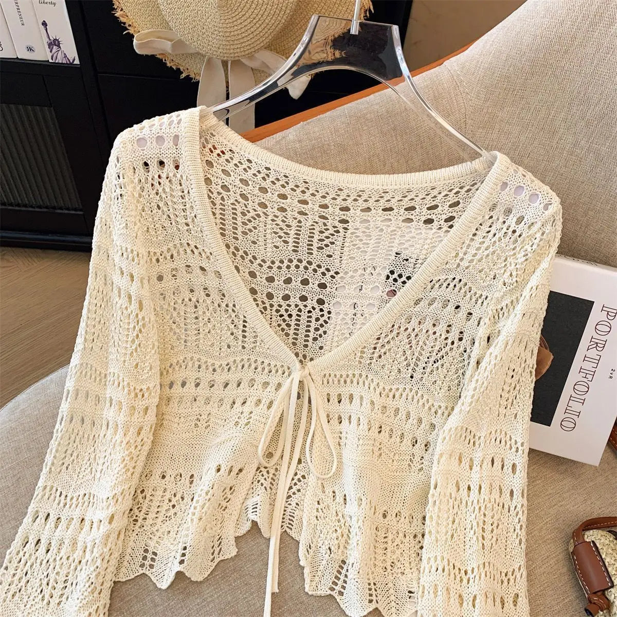 Casual Comfort Crochet Short Top Knitted Cardigan with Long Sleeves