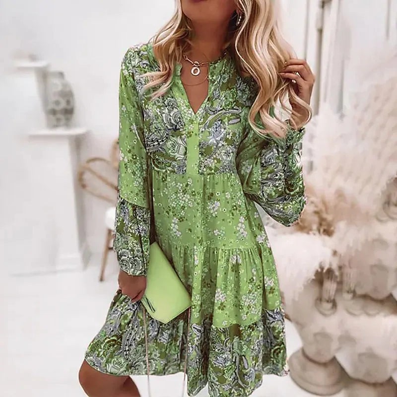 Cute Boho V Neck Floral Design Dress with Ruffles