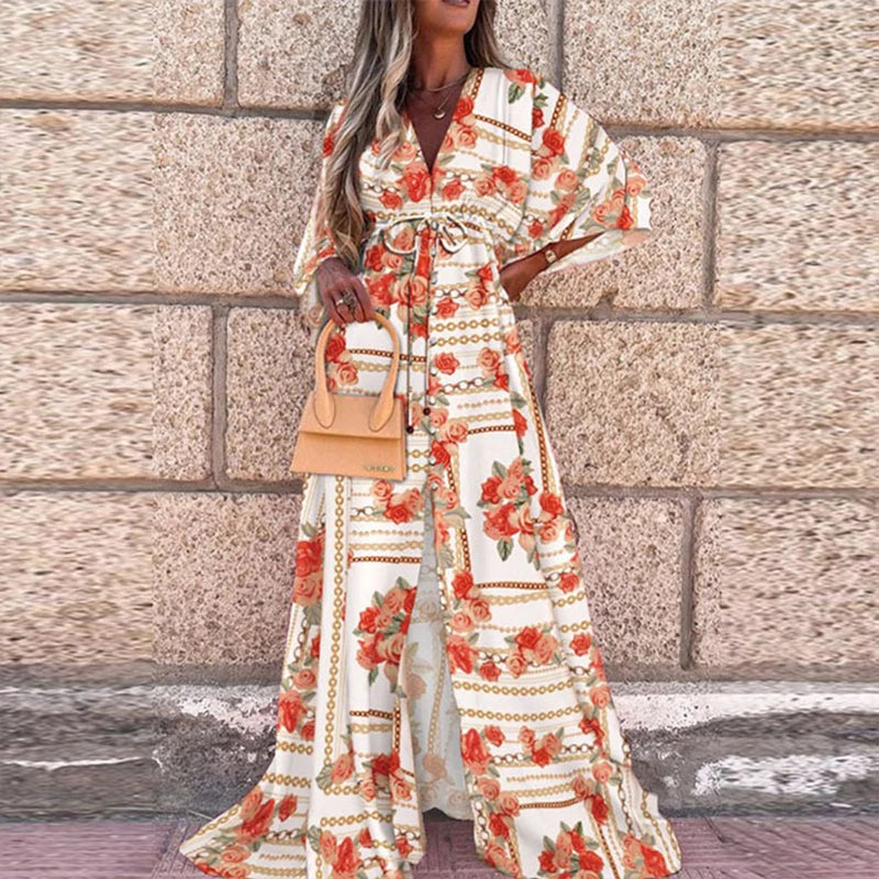 Elegant Artsy Print Oversized Holiday Beachy Maxi V-Neck Dress