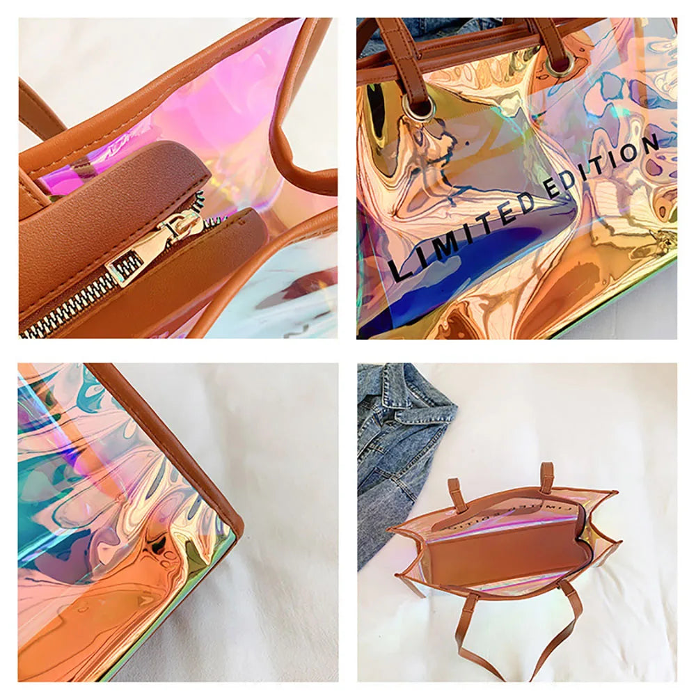 Clear Neon Holographic Large Tote Bag