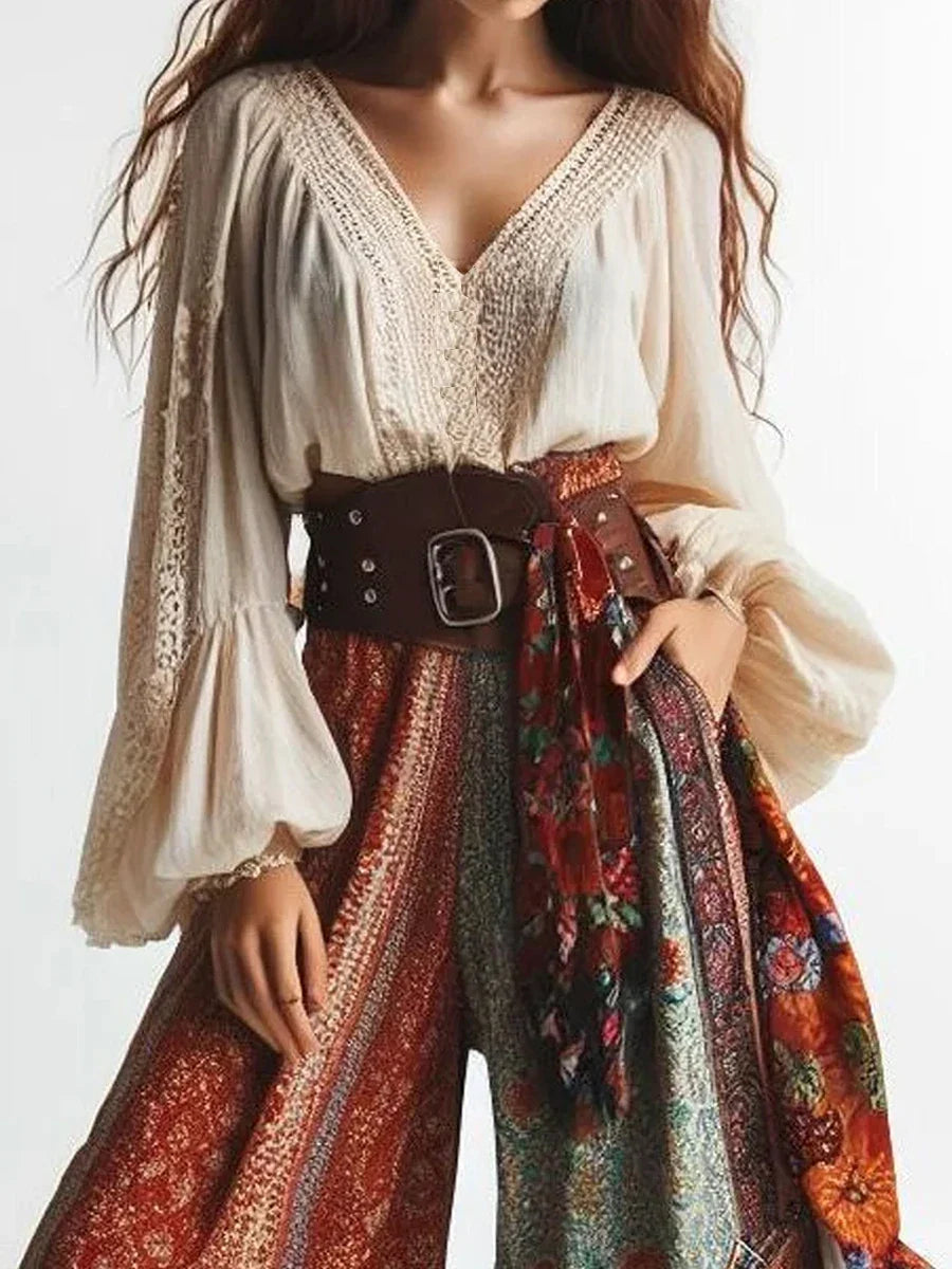 Boho Lace Patchwork Lantern Sleeves V Neck Blouse