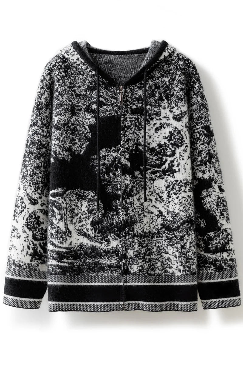 Tie Dye Pure Wool Black and White Painting Hooded Zipper Cardigan
