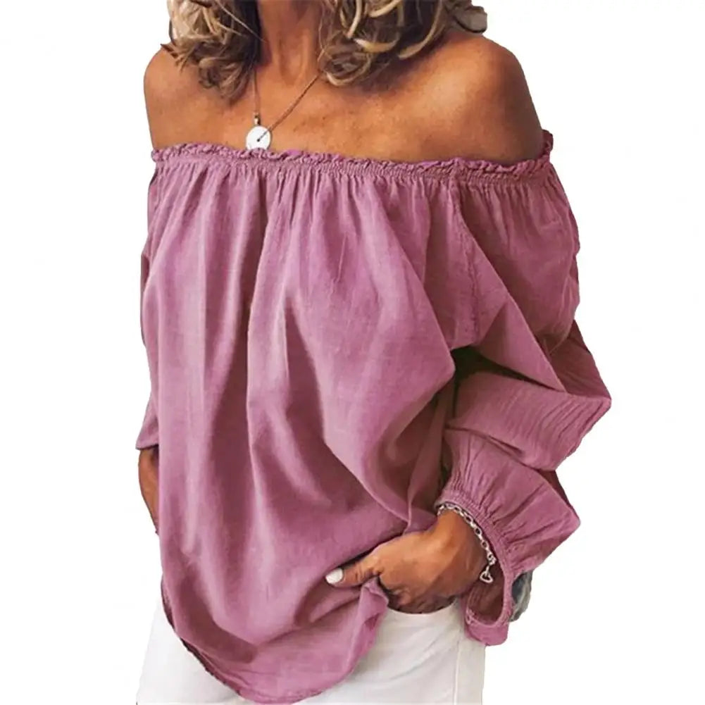Blouse Casual Off Shoulder Blouse Shirt Tops Neckline Pleated Elastic Lady's Shirt