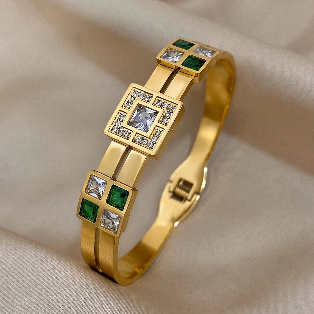 Luxury Designer Royal Emerald Green White Zircon Bangle Cuff Bracelet