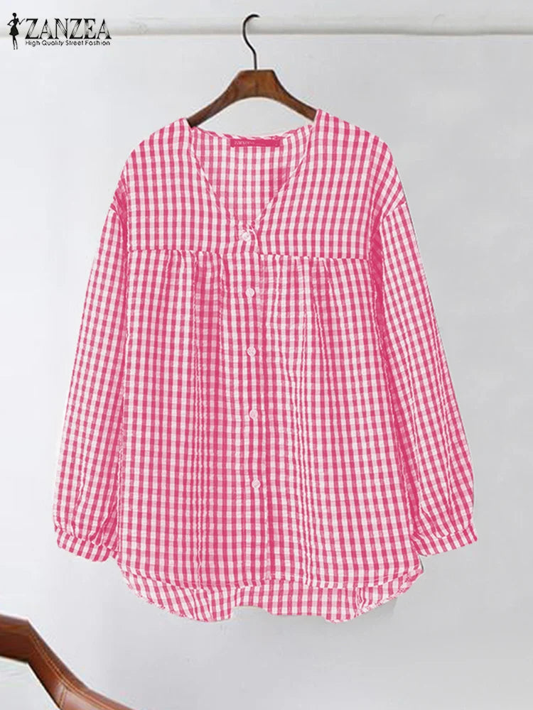 Vintage Plaid Checked V-Neck Shirt with Long Sleeves