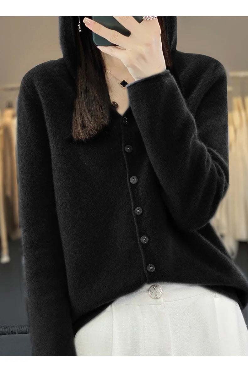 100% Merino Wool Hooded Cardigan