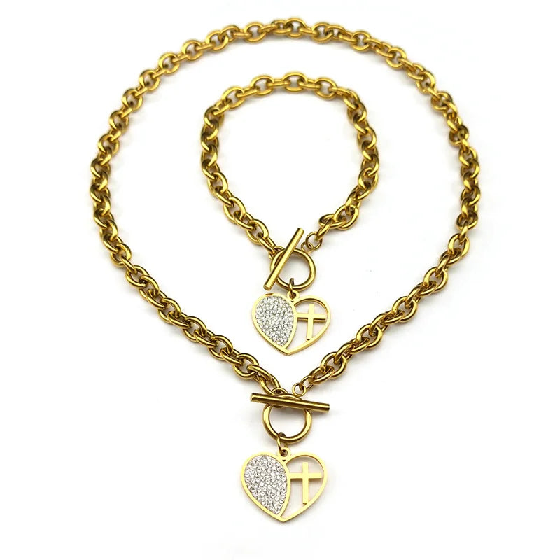 Rhinestone Heart Cross Matching Pendant & Bracelet Jewelry Set