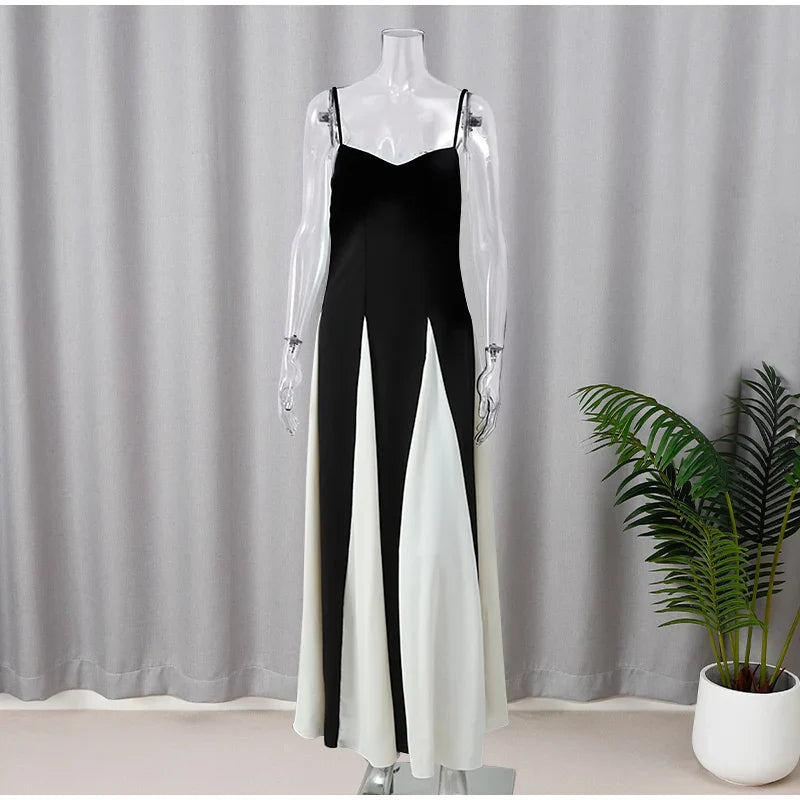 Elegant Black White Contrasting Sling Backless Sleeveless High Waist Max Dress