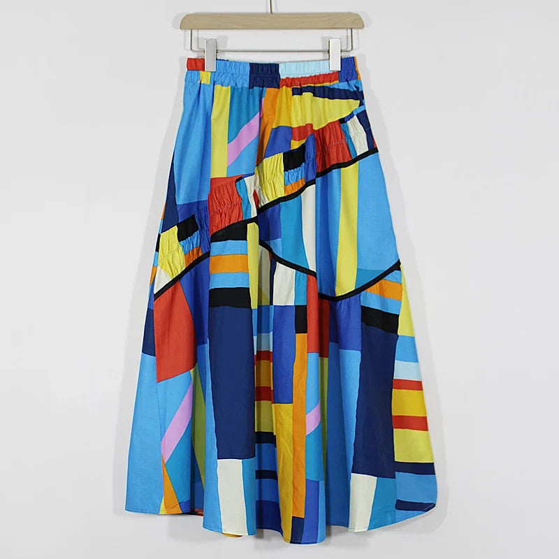 Blue Art 3D Printed Loose Fit Mid-Calf Skirt with Pockets