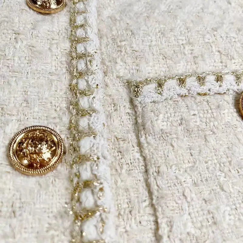 Classic White Round Neck Woolen Tweed Jacket