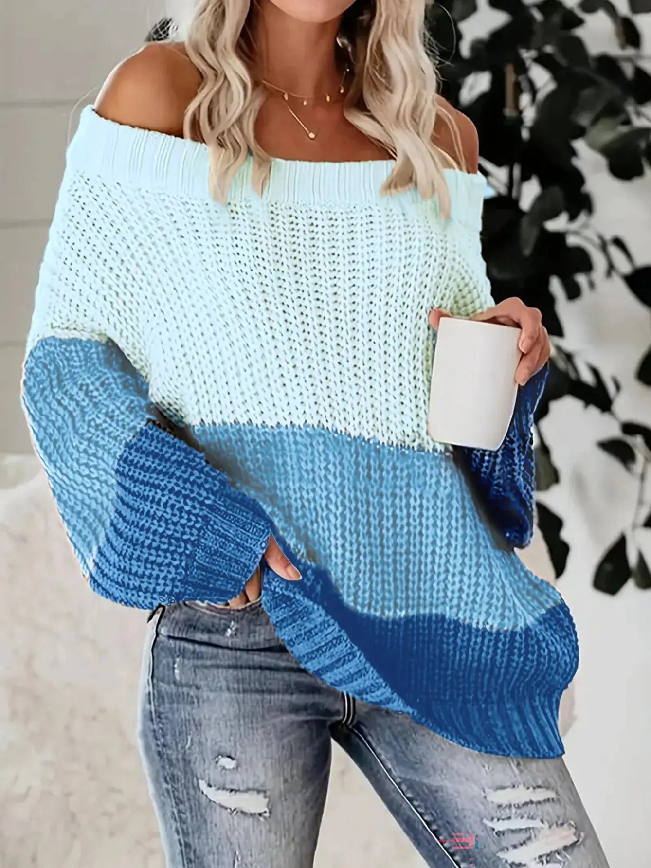 Off-The-Shoulde Color Contrast Batwing Sleeve Pullover Sweater