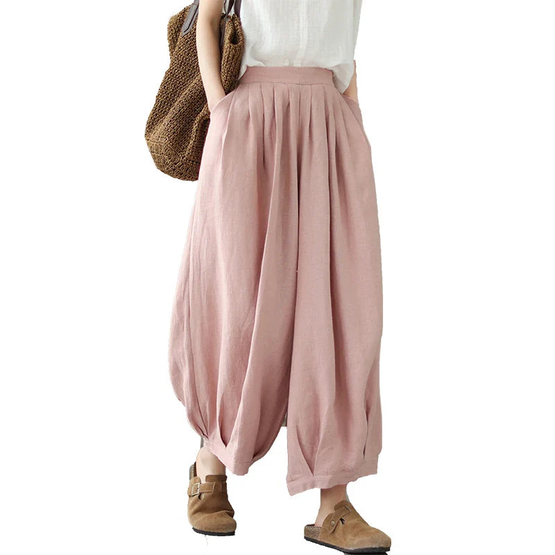Arts Style Ankle-length Loose Elastic Waist Wide Leg Pants