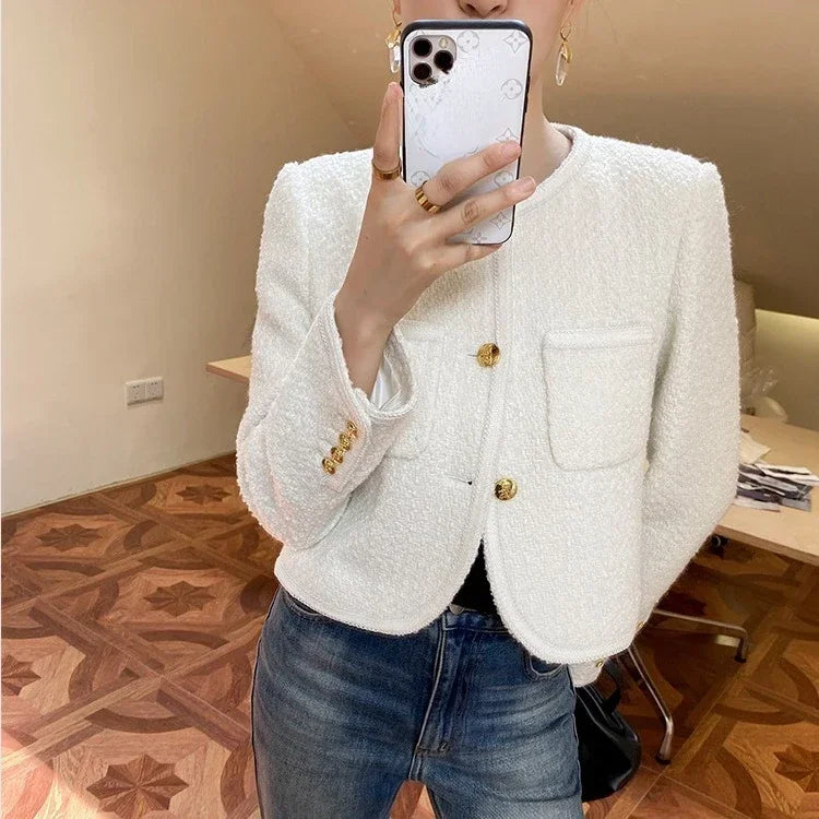 Autumn New Black Tweed Coat Women Elegant Slim Fit Long Sleeve Jackets